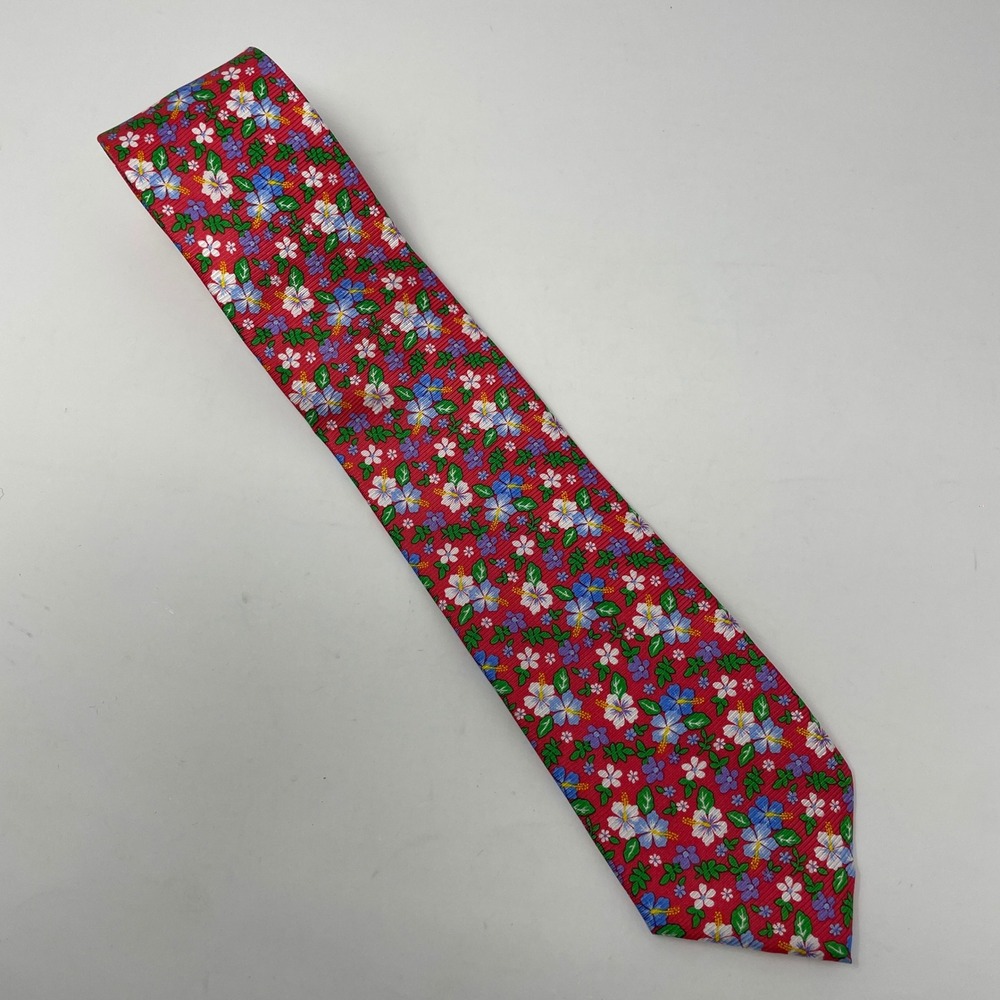VTG Cape Cod Neckwear Red Floral Silk Tie Hibiscus Tropical Nautical Print Bold